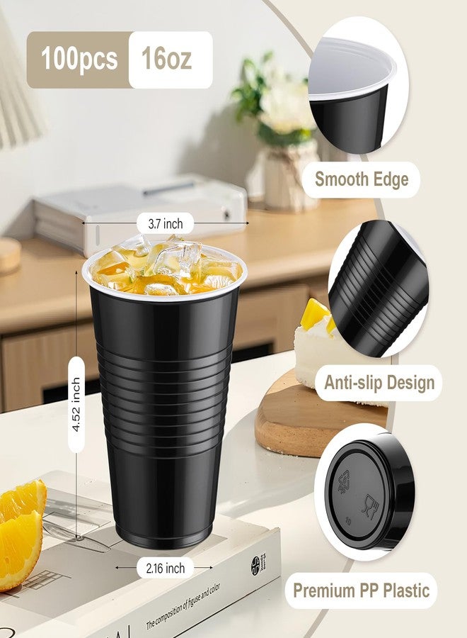 tchrules 100 Pack 16 oz Black Plastic Cups, Disposable Party Cups for Halloween, Black Drinking Cup Bulk for Graduation Birthday Wedding Anniversary Picnic Pool Bachelor Holiday Party Supplies - Image 2